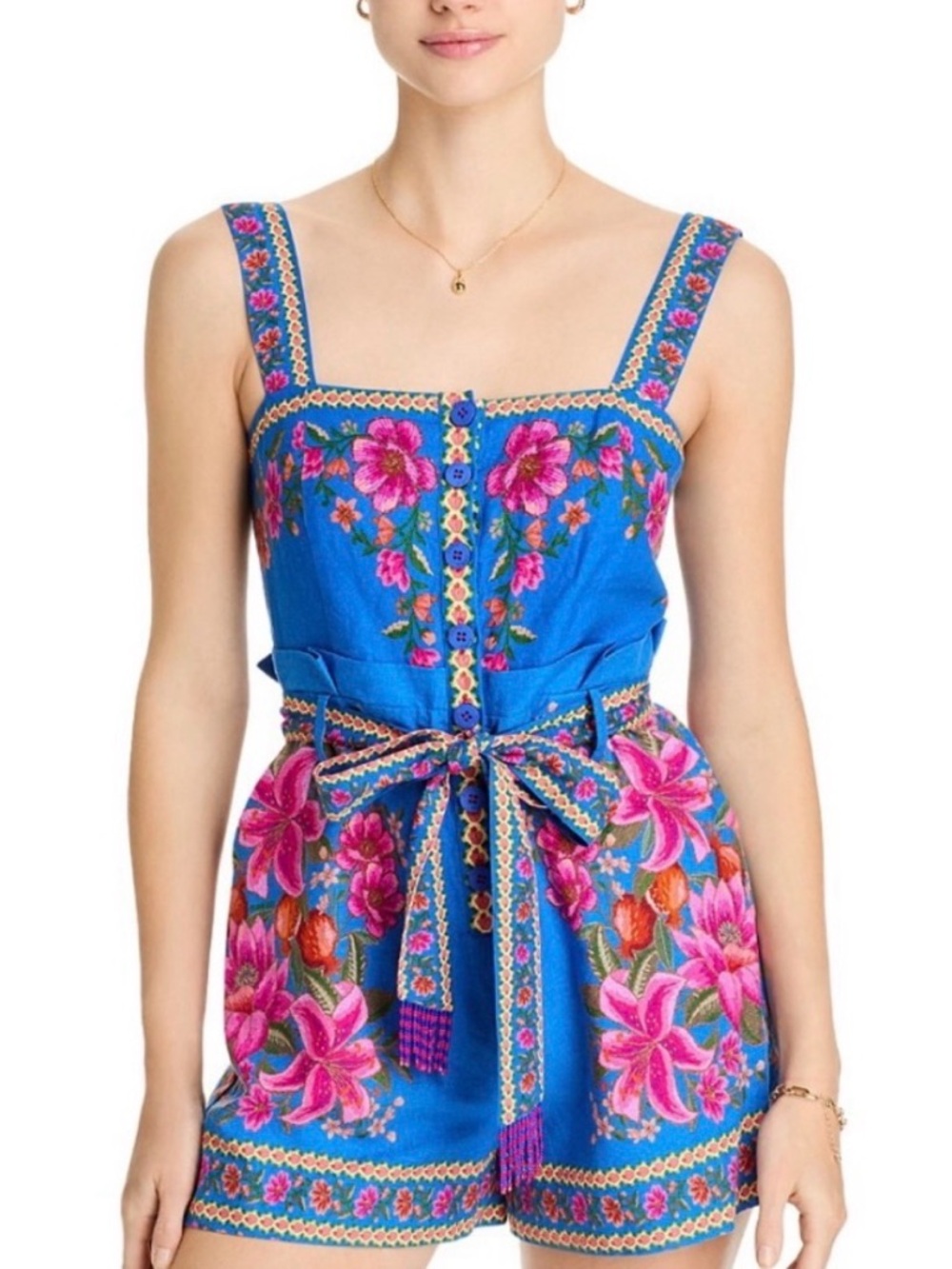 FARM Rio Blue Floral Button-Front Belted Romper